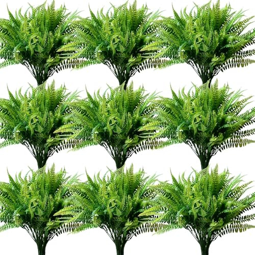 YXYQR 18PCS Outdoor Artificial Fern Plants UV Resistant Bulk Fake Boston Ferns Grass Mums Outside Faux Plastic Greenery Shrubs for Front Porch Window Box Planter Hanging Basket Garden Wedding