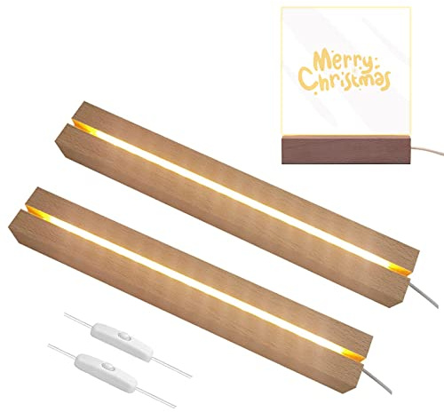 BigKing 2 Pcs 11.81 Inch Wooden LED Light Display Pedestal, Wooden Rectangle LED Lights Display Base for Acrylic and Plexiglass,Night LED Light Lamp Base with USB Switch (Warm Light)