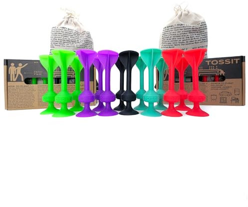TOSSIT Spiel Saugnapf Darts, Indoor Outdoor Drinnen Draußen, Boccia, Petanque, Wurfspiel, Nachhaltig langlebig Silikon, Boden oder Wand, Twin Pack, Rot Türkis Lila Grün