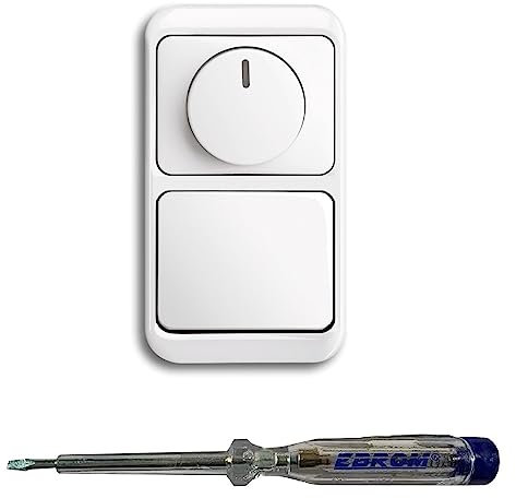 Busch Jäger 6523U-102 LED Drehdimmer Dimmer + Dimmerscheibe 6540-24G und Lichtschalter 2000/6 US und 1786-24 in alpha studioweiß inklusive EBROM Phasenprüfer zur Montage der Geräte (6523 U – 102)