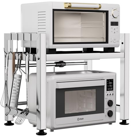 Virvia Expandable Microwave Oven Shelf, Adjustable Above Microwave Countertop, 2 Tier Stainless Steel Storage Shelf with 4 Utensil Hooks