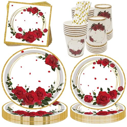 20 Invités Aisselle de Fête Fleur Anniversaire Roses,100 Pcs Fiançailles Party Assiettes,Filles Anniversaire,Rose Vaisselle De Fête Mariage Snniversaire Décoration(Roses)