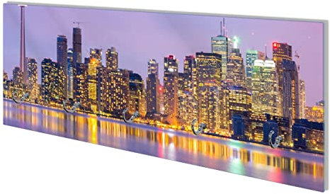 Wallario Wandgarderobe aus Glas in Größe 80 x 30 cm mit Memoboard-Funktion, Motiv: Toronto Skyline - Kanada am Abend | 5 Kleiderhaken zum Aufhängen von Jacken