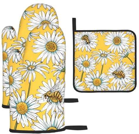 Yellow Sunflower Printed Oven Mitts And Pot Holders Sets Oven Mitts Heat Resistant Oven Gloves For Cooking Baking Kitchen BBQ