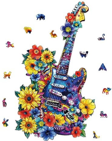 GLOBLELAND 200Pcs Guitar Wooden Jigsaw Puzzles for Adults 15.75x9.06inch Colorful Unique Shaped Wood Puzzles for Christmas Birthday Gifts