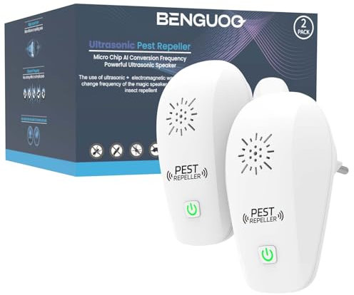 BENGUOO Ultrason Souris et Rats, 2 unités Répulsif Souris à Ultrasons Intérieur, Repulsif Moustique Puissant Prise Anti Rat Rongeur Araignée Efficace Contre Insecte Nuisible pour Maison Bureau