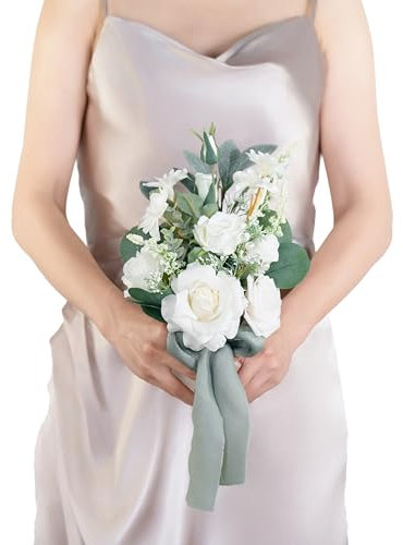 BENCENTRE White Wedding Bouquet for Bride Bridesmaid, Sage Green Bridal Bouquets for Bridesmaids,Small Wedding Bouquet,for Wedding, Ceremony, Anniversary, etc,Artificial Flowers