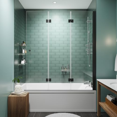 GroGro 51 Wx58 H Bathtub Shower Door,Semi-Frameless Foldable Hinged Bath Tub Glass Door, 1/4 inch (6mm) Tempered Glass Shower Door, Black Finish can be Installed in Reverse