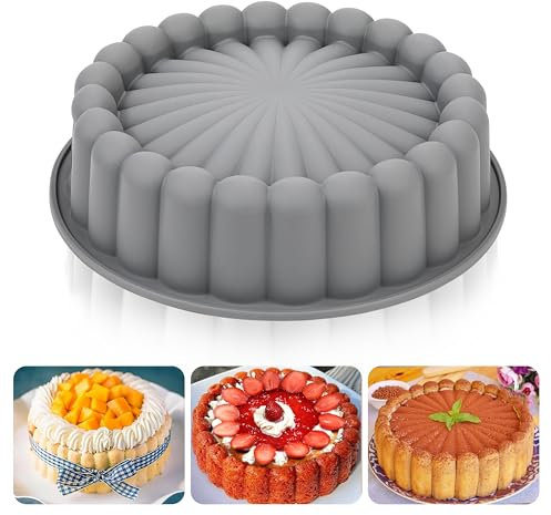 Heveer Silikon Backform 10 Zoll Charlotte Kuchenform Sonnenblume Runde Silikonformen Antihaft Geriffelte Kuchenform für Geburtstagsparty DIY Backwerkzeuge Grau