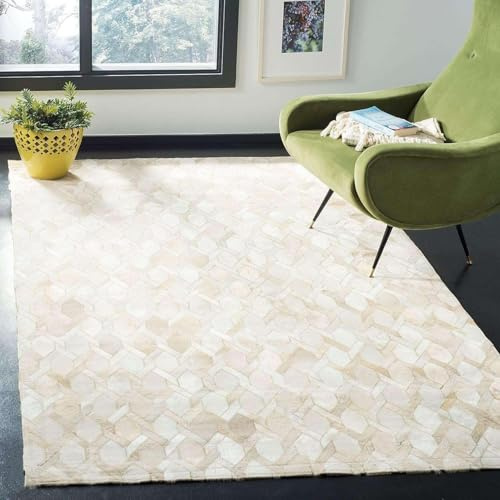 REGAL RUGS 9x12 ft Ivory Genuine Leather Rug - Natural Cowhide Handmade Accent Carpet - Modern Geometric Patchwork - Contemporary Ultra-Thin Flat Weave Mat for Living Room, Bedroom, Hallway, Entryway