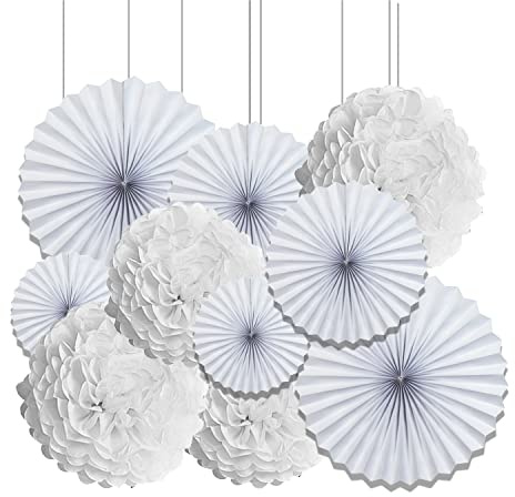 Decoración de Papel Blanco,Pompones de Papel Colgantes y Abanicos de Papel Blanco,Pompones de Papel Tissue y Abanicos de Papel para Boda,Cumpleaños,Fiesta(10 unid.)