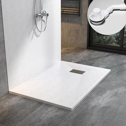 WITEN&NOCK SMC Duschwanne 100x90cm weiß Höhe 3,2cm inkl. Ø90mm Siphon | SMC Duschtasse extra flache Steinoptik Antirutsch inkl. Edelstahl Abdeckung, zuschneidbar