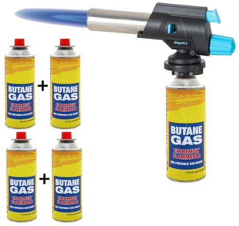 Dapetz ® Soufflage de gaz butane, flamme réglable, allumage automatique, crème brûlée, cuisine, soudure, camping, livré avec 4 canettes de gaz butane