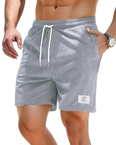 LUYANA Men's Corduroy Shorts Casual Drawstring Summer Beach Shorts with Pockets Light Gray XL