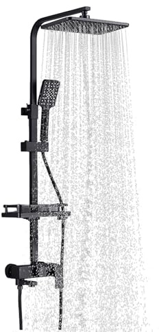 Thermostatic Shower Column System With Thermostatic Mixer,Height Adjustable Shower Set,Wall Mounted Shower Set,Square Hand Shower,Anti-Burning (Black-Third Speed)