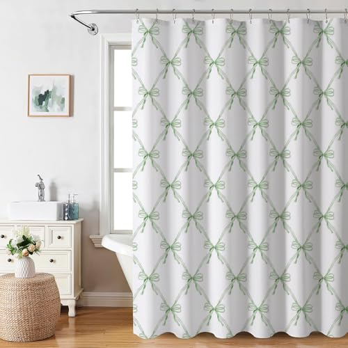 AIBIIN Bonita cortina de ducha con lazo verde, cortina de baño para baño, cortina de ducha de tela estética moderna, duradera, impermeable, material de poliéster con 12 ganchos, 180 x 180 cm