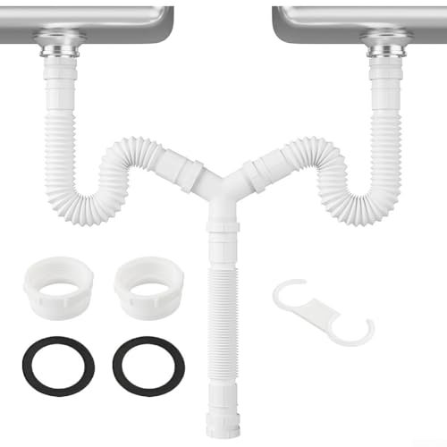 Kit di scarico doppio per lavello, 20-80 cm, regolabile, flessibile, con adattatore G1-1/2 e G1-1/4, tubo di scarico espandibile per lavello da cucina, bagno, cucina, lavanderia, smaltimento rifiuti