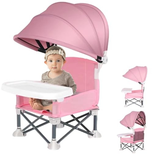 Baby Campingstuh Beach Chair, Faltbarer Esszimmerstuhl, Reisestuhl, tragbarer Kleinkind-Hochstuhl mit herausnehmbarem Tablett für drinnen (Rose)