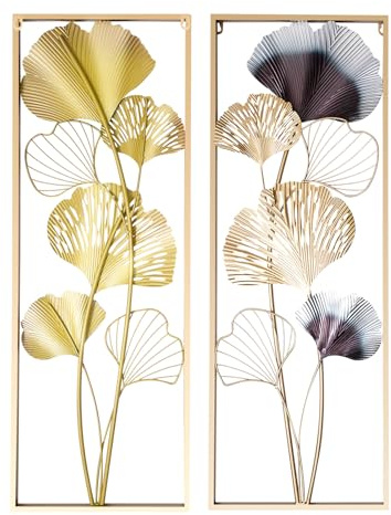 LOIRIIC 2er-Set Metall 3D Ginkgo Wanddeko,Wandbild Ginkgo Blätter Skulptur Wandschmuck Metall Wanddeko 2pcs 85×31×5cm Gold,Schlafzimmer Wanddekoration Wohnzimmer