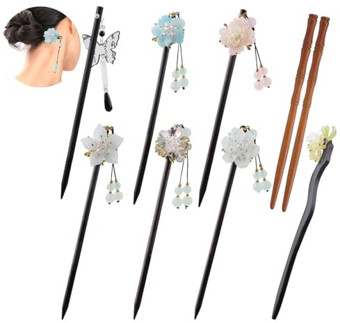 Yitexin 8 Piezas de Palillos de Pelo Madera Retro con Flores y Borlas, Horquillas de Madera para Mujeres y Niñas, Palos para el Pelo Estilo Chino y Japonés, Accesorios Vintage (8 Piezas)
