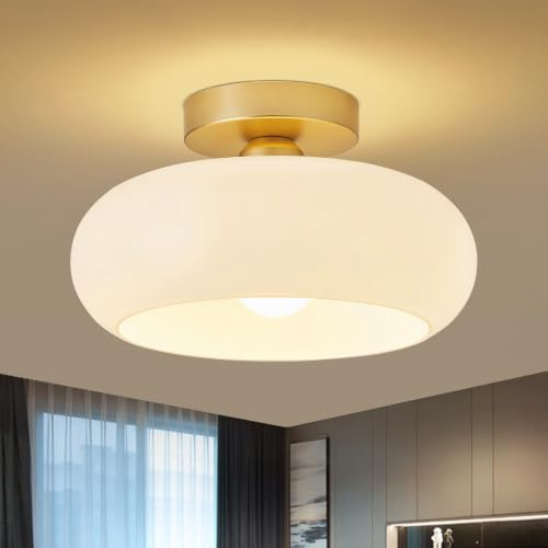 WOKNOS Moderne Weiße Glas Deckenleuchte,Gold Mit Metallsockel, Sockel E27 Deckenlampe,Deckenlampe für Wohnzimmer Schlafzimmer Küche Flur Esszimmer（28CM）