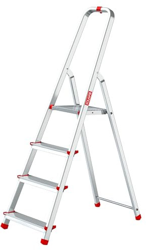 Baulich - Aluminiumstege - 4-stegs Enkelsidig Hushållsstege, 4 Krokar och Fötter Ingår - Ergonomisk Design, Lätt att Transportera - 145x43x12cm - Lastkapacitet upp till 125 kg
