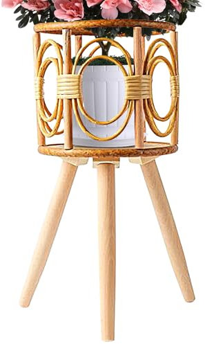 Generisch Rattan Plant Stand, Handmade Woven Wooden Planter with Legs, Boho Style Display Rack and Plant Shelf for Succulents, Indoor Outdoor Use on Balcony, Desk, Garden, Patio, Bedroom