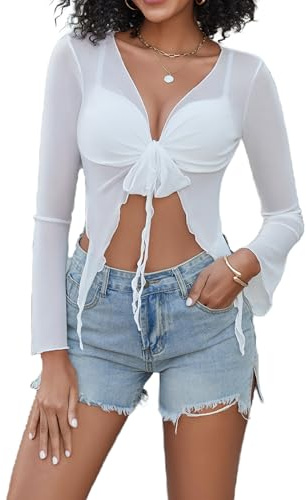 Avidlove Dam Mesh Topp Sexigt Transparentt Nätöverdel Elegant Sheer Genomskinlig Blus Sommar Långärmad Topp V-ringning Basisk Skjorta, Vit, XXL