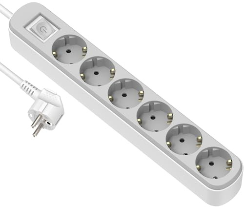 Electraline 62421 Regleta Base Multiple PRIMA de 6 Tomas Schuko 16A con interruptor, Color blanco/Gris, Cable 1.5M