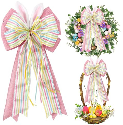 Dermalyx Ruban de Pâques pour Décorations de Couronnes Arbre de Pâques Ruban Dentelé Ruban Décoratif à Oreilles de Lapin Taffetas Rose pour Printemps Intérieur Porte d'En