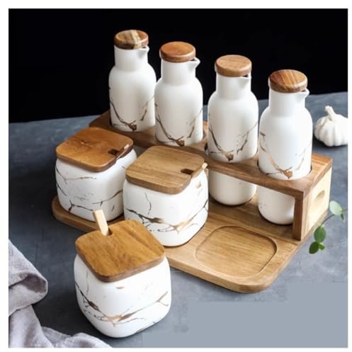 Kryddbehållare for kryddor, salt- och sockerbehållare, set med kryddbehållare, kryddkruka, keramisk kryddlåda skedlock(White)