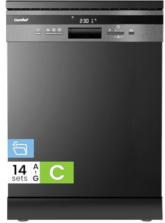 COMFEE' Freestanding Dishwasher with 14 Place Settings, 44dB Quiet Full Size Dishwashers, CDWEF1435EBC-UK, ECO Wash, Auto Open Drying, Half Load, Delay Start, Wide LED Display, Black