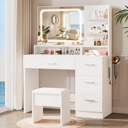 LIVELYGLOW Makeup Vanity Desk with Smart LED Mirror & Charging Station, 35.4 White Vanity Table Set with Cushioned Stool, 4 Drawers & Hairdryer Rack, Modern Bedroom Dressing Table-White