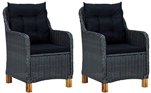 vidaXL 2X Gartenstuhl mit Kissen Gartenmöbel Gartensessel Stuhl Stühle Sessel Rattansessel Essstuhl Balkon Terrasse Poly Rattan Dunkelgrau