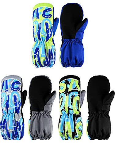 Geyoga 3 Pairs Kids Thicken Snow Mitten Winter Gloves Waterproof Warm Ski Mitten Toddler Boys Girls (Gray, Blue, Black,5-10 Years)