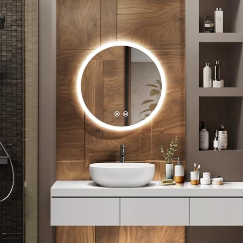 EMKE Badspiegel mit Beleuchtung Rund 50cm, Dimmbar, Beschlagfrei | LED Spiegel mit Beleuchtung, 3 Lichtfarben, Touch-Schalter, Badezimmerspiegel Rund Badspiegel, IP44