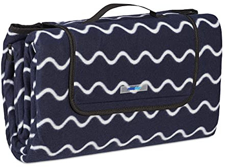 Relaxdays XXL Picknickdecke, 200x200 cm, Fleece Stranddecke, wärmeisoliert, wasserdicht, mit Tragegriff, dunkelblau/weiß