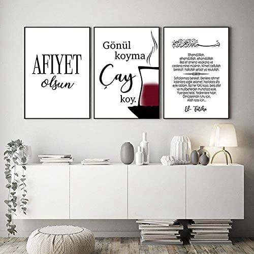 LIANGX Leinwandmalerei Dekoration Bismillah Islamische wandbild Poster,Afiyet Olsun Kaffee Malerei Bilder minimalistische Küche Restaurant Poster ohne Rahmen 3PCS (3X40x60cm)