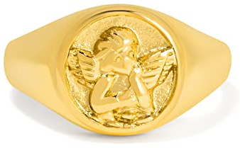 BENIQUE Gold Silver Chunky Signet Stackable Pinky Ring for Women Men, Guardian Angel Cherub, Tarnish-Resistant 18K Gold Plated Stainless Steel Size 3 4 5 6 7 8 9 10 11 (AngelSignet/G7)