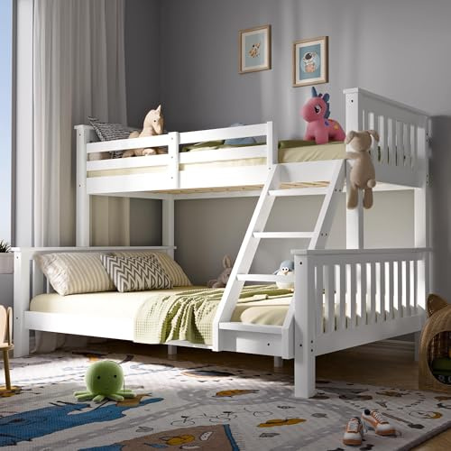 Blisswood Bunk Bed With 2x Mattress, 4ft6 Double & 3ft Single Wooden Triple Bunk Beds With Ladder, triple Sleeper Kids Bunk Bed, Solid Pine Wood Frame Children Single Double Bed Frame (White)