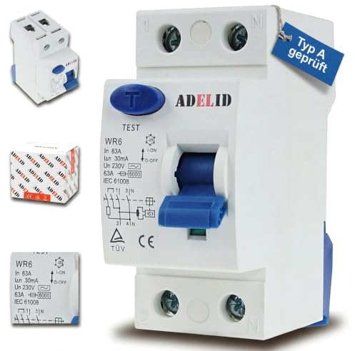 ADELID Fehlerstromschutzschalter FI-Schalter 2-polig 25A 100mA Typ A | 230V/400V | Brandschutz, 6kA Kurzschlussschaltvermögen | Hutschiene 35mm Montage | IP20 CE tÜV-zertifiziert