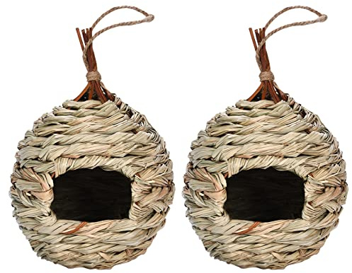 JAWSEU Gras Bird Nest, 2 Pack Vogelhäus zum Aufhängen, Vogelnest Gras Handgewebte Vogelhäuser, Wildvogelnest für den Außenbereich, Nistkästen für Kleine Vögel wie Kolibris, Spatzen und Titten