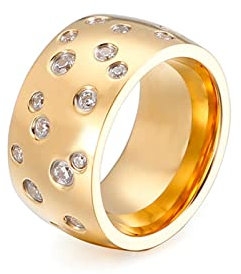 Mesnt Damenring Gold, Edelstahl 12MM breiter Verlobungsring mit kubischem Zirkoniumdioxid für Damen Gold, Größe 62 (19.7)
