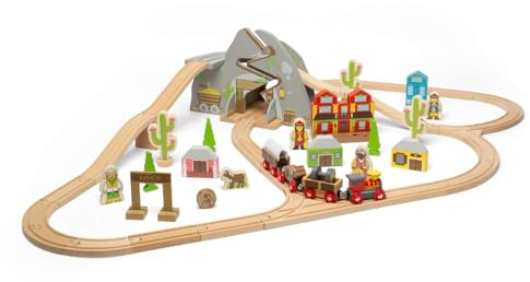 Bigjigs Rail Wild West Train Set - 62 Piece Wooden Cowboy Train Set, Kids Trains & Railway Sets, Toys & Gifts for Toddlers, Made from Sustainable Wood, Age 3 Year Old +