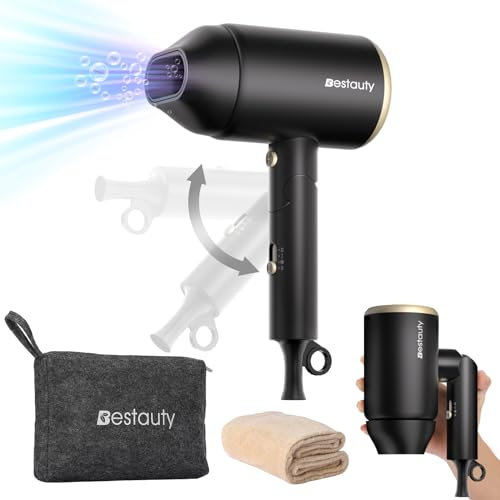 Bestauty Reisefön klappbar Föhn mit Tasche und Kopfhandtuch, Ionen-Technologie sanftem Luftstrom fit für Kinderhaare, Reisehaartrockner Kompakt leistungsstark Haarfön mit Kaltluft Modus(Schwarzgold)