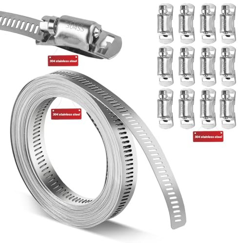 304 Stainless Steel Hose Clips, Metal Straps Pipe Clamps - Worm Gear Band Screw Clamps with 12 Fasteners (16.4 Ft)