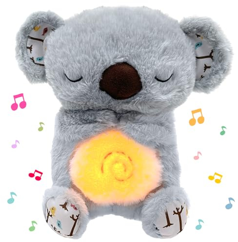 TOPJOWGA Koala Kuscheltier, Einschlafhilfe Babys Musik und Licht, Einschlafhilfe Babys mit Herzschlag, Baby Erstausstattung Neugeborene, Plüsch Kuscheltier Baby Spielzeug ab 1 Monate (K)
