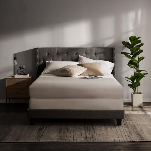 Hearth & Harbor Queen Bed Frame with Headboard Wingback – Linen Platform Bed Frame Queen Size, Button-Tufted Upholstered Bed Frame Queen, Modern Bedframe, Box Spring Required, Grey