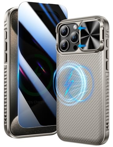 Doeshine for iPhone 16 Pro Max Case Screen Protector, Camera Cover,Titanium | Privacy Screen,Slide Camera Cover, Military-Grade Drop Protection Rugged Hard Magnetic Phone Case Cover for iPhone 16 Pro Max