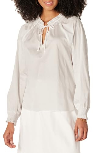 Amazon Essentials Blusa Holgada de Satén de Algodón con Cuello Volante Mujer, Blanco, XL
